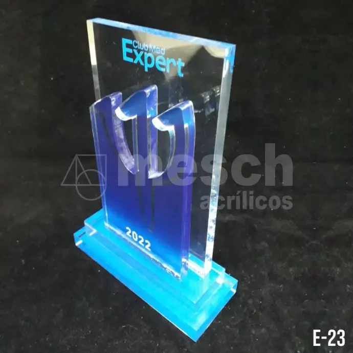 Diseño y producción de premios y reconocimientos institucionales en acrílico. Grabado láser de logos y textos personalizados. Trofeo de acrílico personalizado con grabado láser de alta precisión.