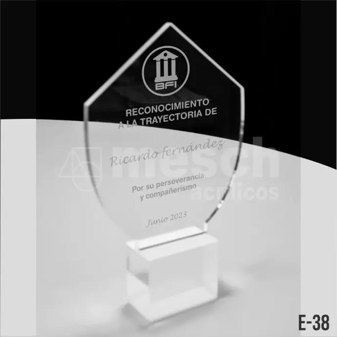 Diseño y producción de premios y reconocimientos institucionales en acrílico. Grabado láser de logos y textos personalizados. Trofeo de acrílico personalizado con grabado láser de alta precisión.