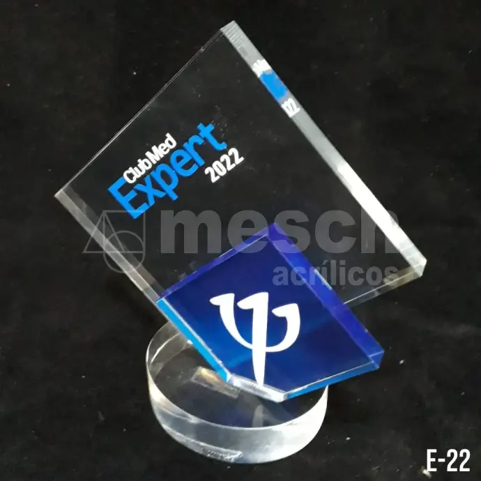 Diseño y producción de premios y reconocimientos institucionales en acrílico. Grabado láser de logos y textos personalizados. Trofeo de acrílico personalizado con grabado láser de alta precisión.