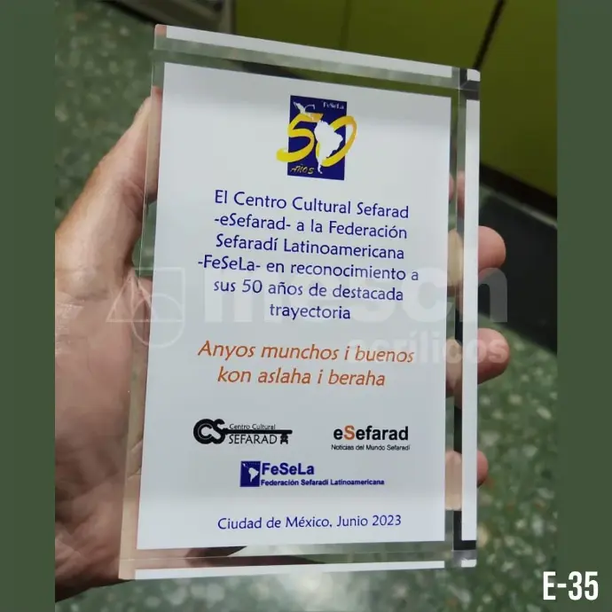 Diseño y producción de premios y reconocimientos institucionales en acrílico. Grabado láser de logos y textos personalizados. Trofeo de acrílico personalizado con grabado láser de alta precisión.