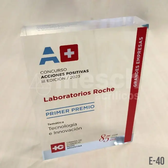 Diseño y producción de premios y reconocimientos institucionales en acrílico. Grabado láser de logos y textos personalizados. Trofeo de acrílico personalizado con grabado láser de alta precisión.